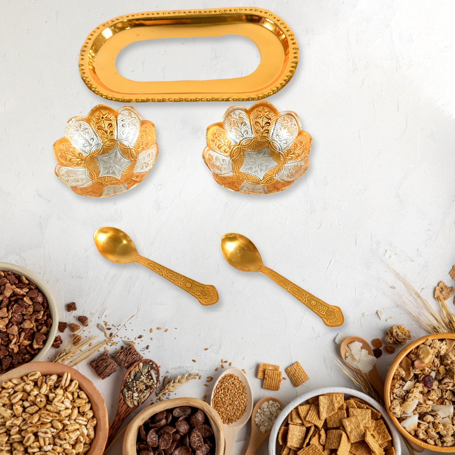 5in1 Gold Silver Plated 2 Bowl 2 Spoon Tray Set Brass with Red Velvet Gift Box Serving Dry Fruits Desserts Gift 5in1 Gold Silver Plated 2 Bowl 2 Spoon Tray Set Brass with Red Velvet Gift Box Serving Dry Fruits Desserts Gift
